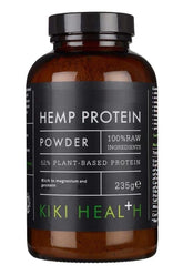 Kiki Health Hemp Protein Powder in a brown container with raw ingredients label, 235g, rich in plant-based protein.